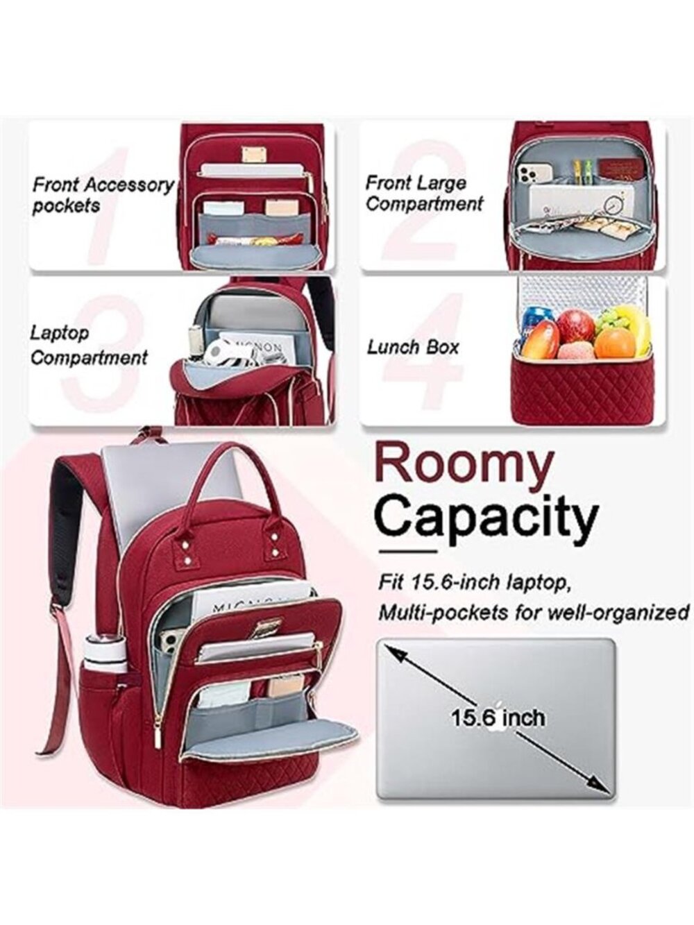 Womens Laptop Backpack With Lunch Bag 15.6 in Work Travel Nurse Teacher Bookbag - Picture 3 of 7